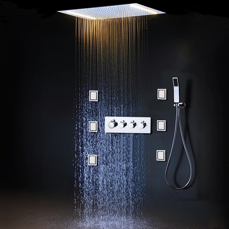 Fontana Deauville Luxury Bathroom Ceiling Shower Head With LED Lights, Hand Shower And Massage Body Jets In Chrome Finish
